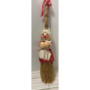Handcrafted Christmas Mrs. Claus Straw Kitchen Witch Broom Doll Decor 14"